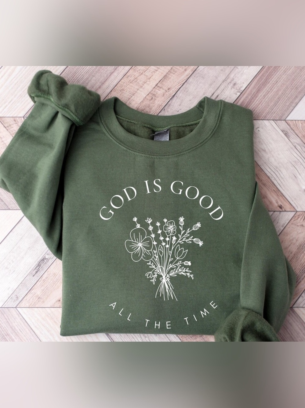 Olive Green Graphic Sweater- 'God Is Good'